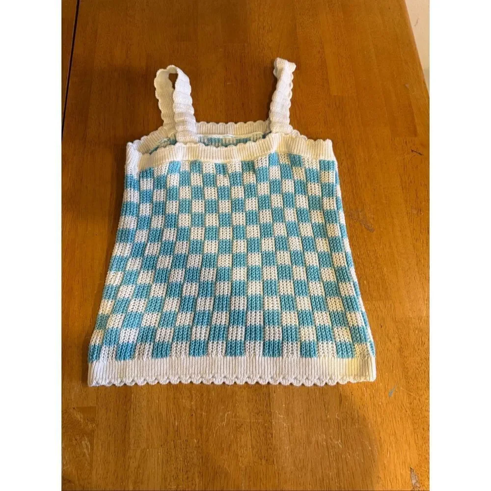 Old Navy Blue White Checkered Knit Tank Top Girls 14/16 Y2K
